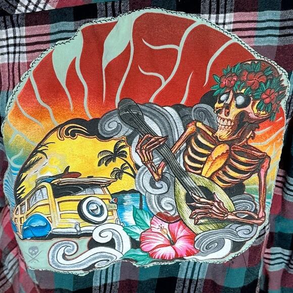 Grateful Dead Plaid Flannel Shirt SMALL Oversized Skeleton Roses One of Kind - Picture 2 of 6